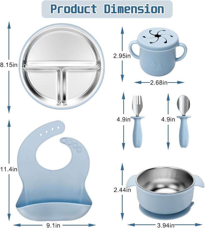 mislili Stainless Steel Kids Plates and Bowls Set with Suction, Divided Baby Plate and Toddler Bowl with Removable Silicone Suction,Stainless Steel Weaning Bundle, Silicone Baby Feeding Set (Blue) - Image 2